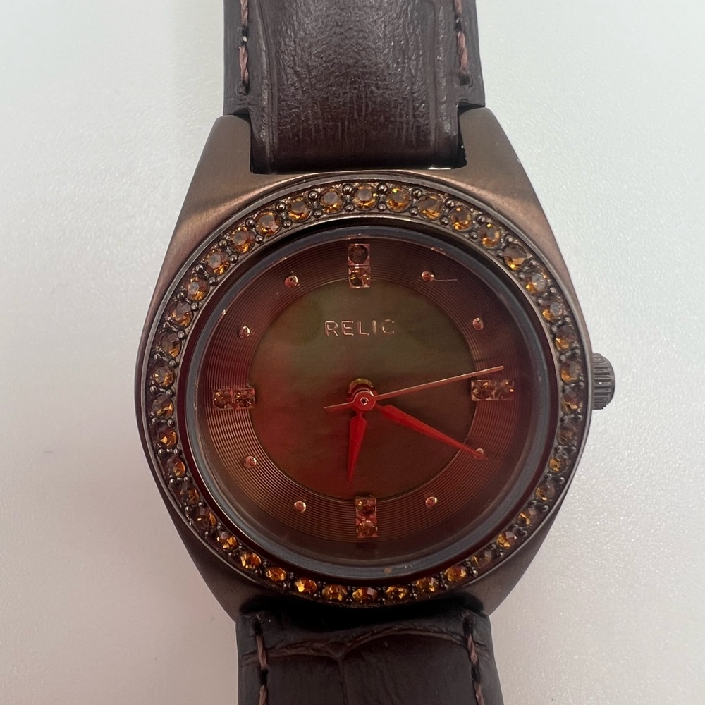 Relic Embossed Genuine Leather Brown Crystals Watch
